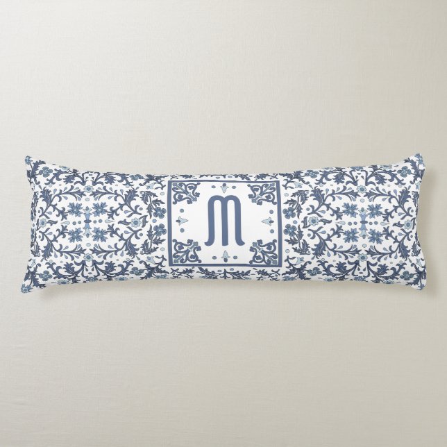 Denim Blue Ornate Monogram Body Cushion (Front)