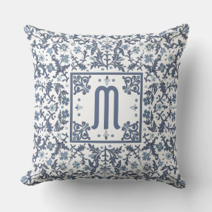 Denim Blue Ornate Monogram Cushion