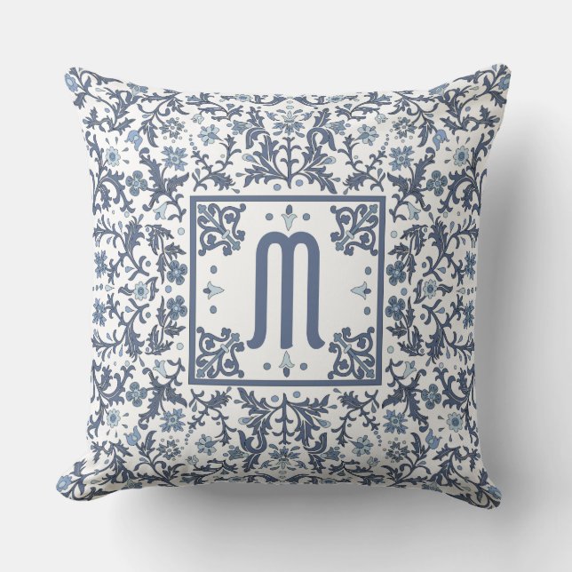 Denim Blue Ornate Monogram Cushion (Front)