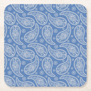 Denim Blue Paisley Pattern Square Paper Coaster
