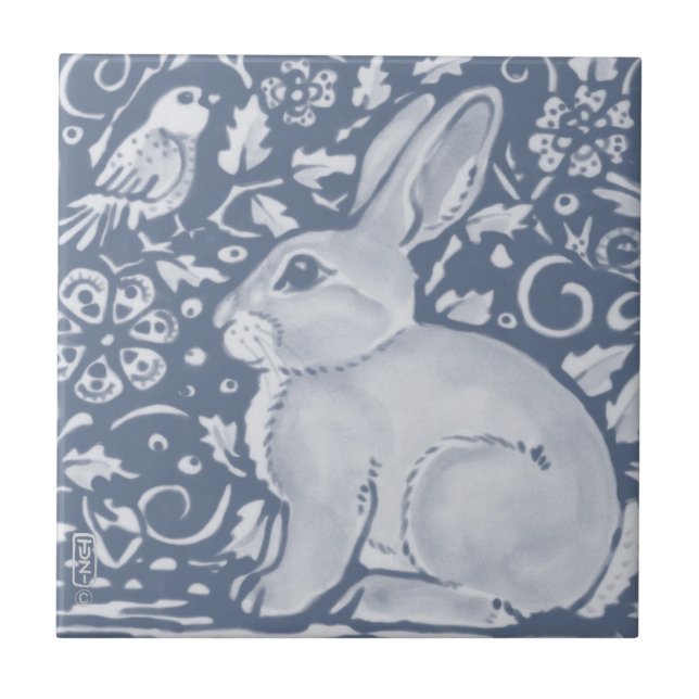Denim Blue Rabbit Bird Floral Dedham Delft Ceramic Tile (Front)