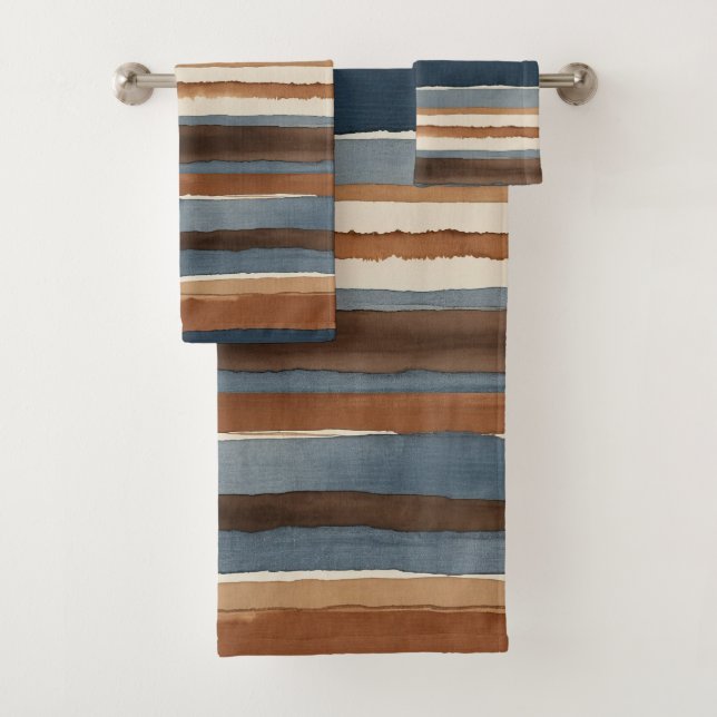 Denim-blue rust and brown stripes bath towel set (Insitu)