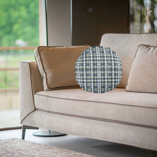 Denim Blue Sage Green White Pattern  Round Cushion (Creator Uploaded)