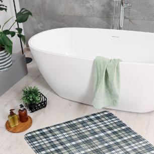 Denim Blue Sage Green White Plaid Bath Mat