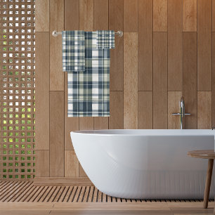 Denim Blue Sage Green White Plaid Bath Towel Set