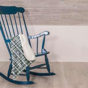 Denim Blue Sage Green White Plaid Sherpa Blanket