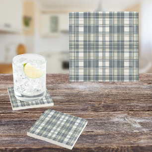 Denim Blue Sage Green White Plaid Stone Coaster