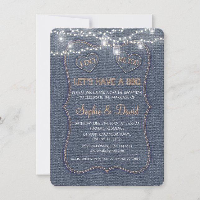 Denim Blue String Lights I DO BBQ Invitation (Front)