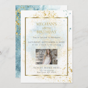 Denim Blue Watercolor Birthday Age Photo Frame Invitation