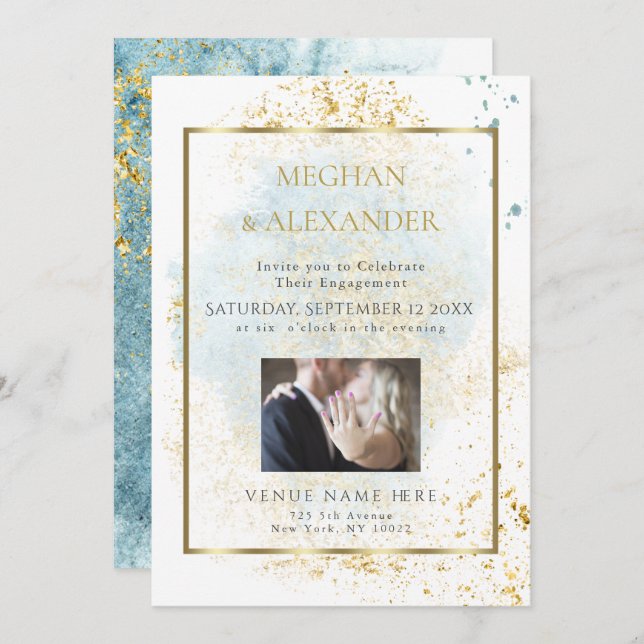 Denim Blue Watercolor Engagement Photo Frame Invitation (Front/Back)