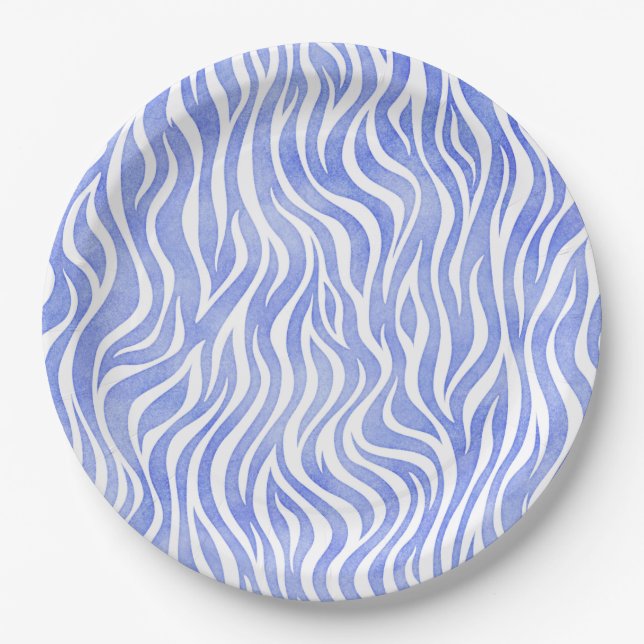 Denim Blue Watercolor Zebra Print Paper Plate (Front)