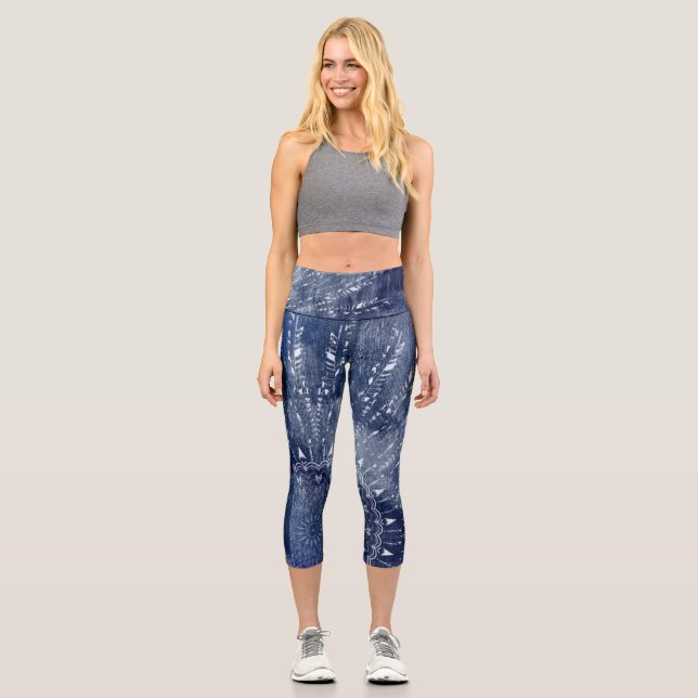 Denim Blue & White Mandala Mix Design Capri Leggings (Front)