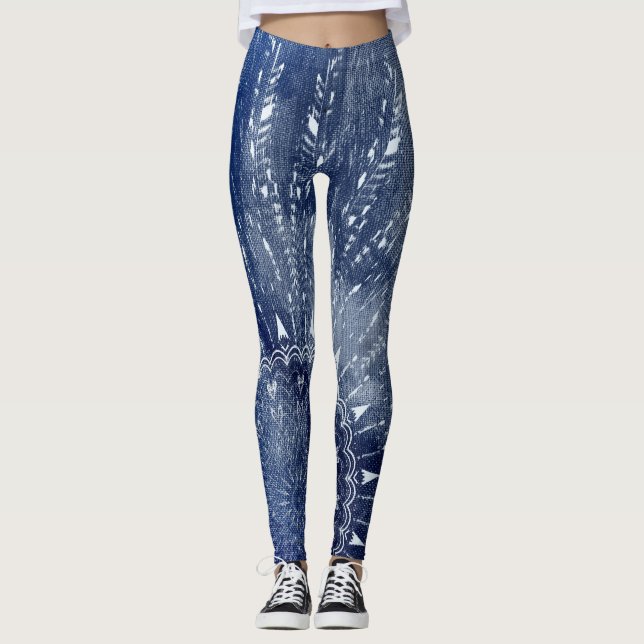 Denim Blue & White Mandala Mix Design Leggings (Front)