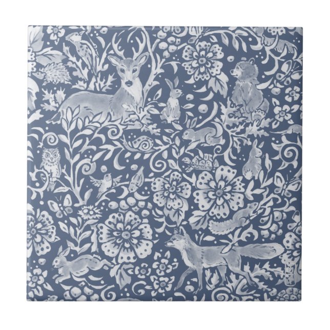 Denim Blue Woodland Animal Forest Deer Rabbit Ceramic Tile (Front)