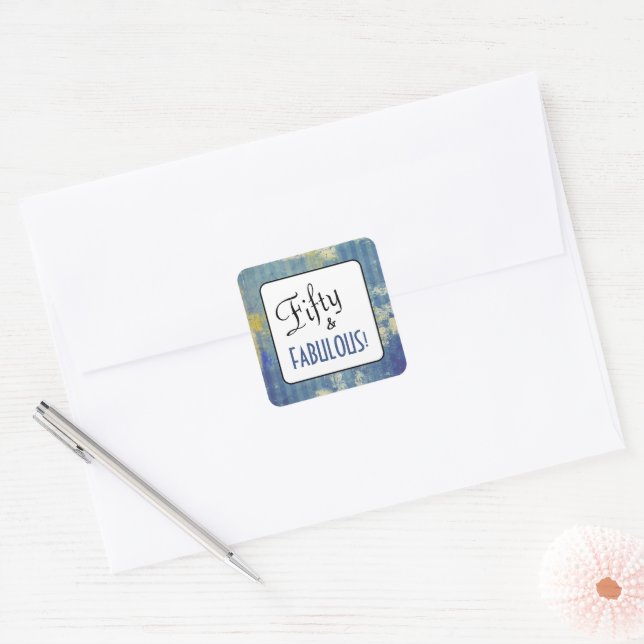 Denim Blues Vintage Fifty & FABULOUS! Birthday Square Sticker (Envelope)