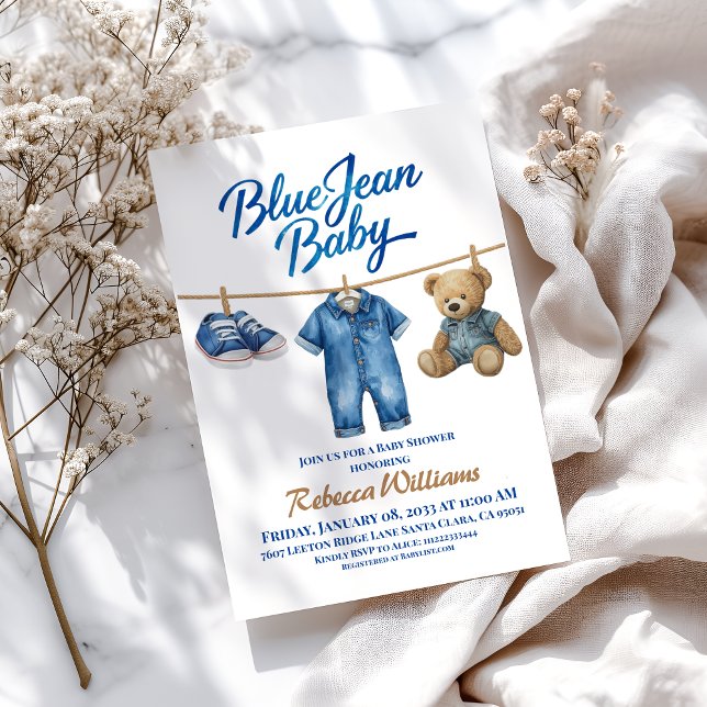 Denim Clothesline Boy Blue Jean Baby Shower Invitation (Creator Uploaded)