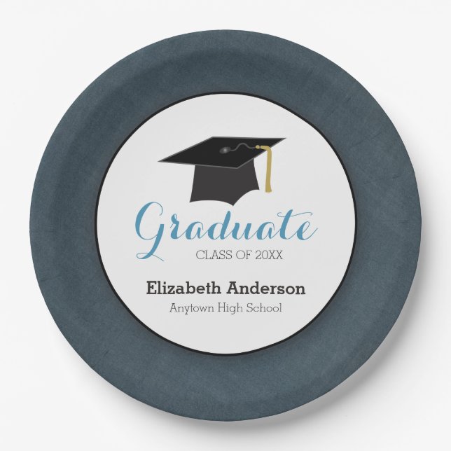 Denim Coloured and Hat Personalised Graduation Paper Plate (Front)