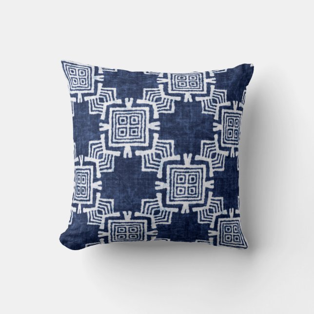 Denim coloured tribal ethnic seamless pattern cushion (Front)