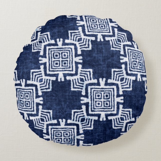 Denim coloured tribal ethnic seamless pattern round cushion (Front)