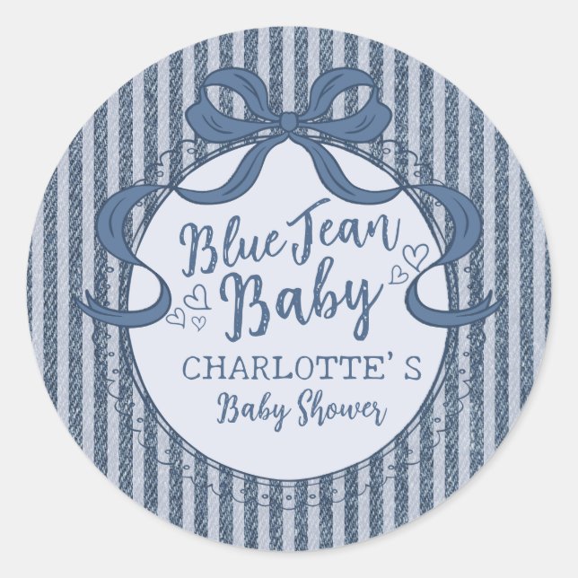 Denim Coquette Bow Blue Jean Baby Shower Classic Round Sticker (Front)