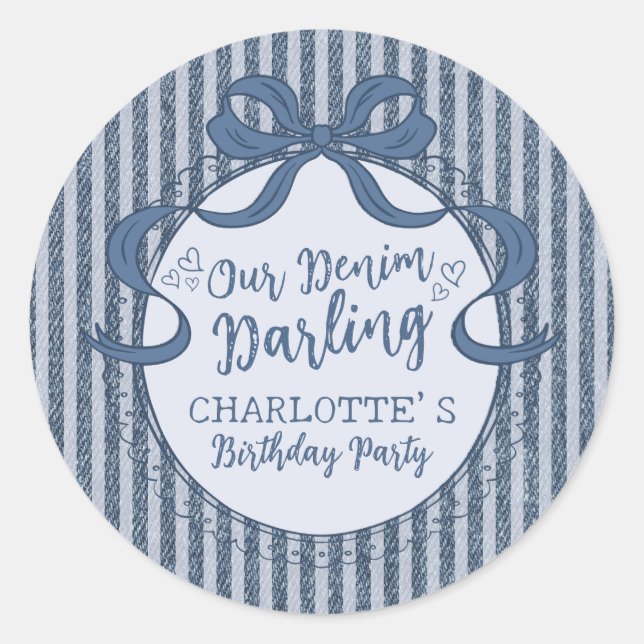 Denim Coquette Bow Blue Jean Birthday Party Classic Round Sticker (Front)