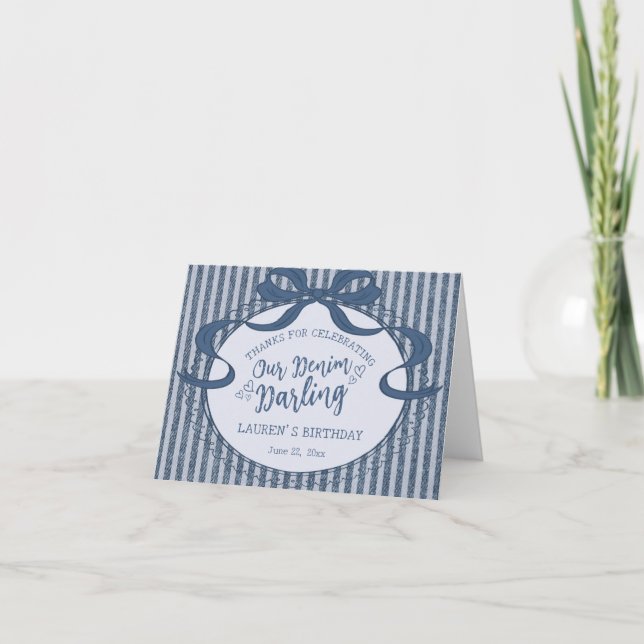 Denim Coquette Bow Blue Jean Birthday Thank You  Card (Front)