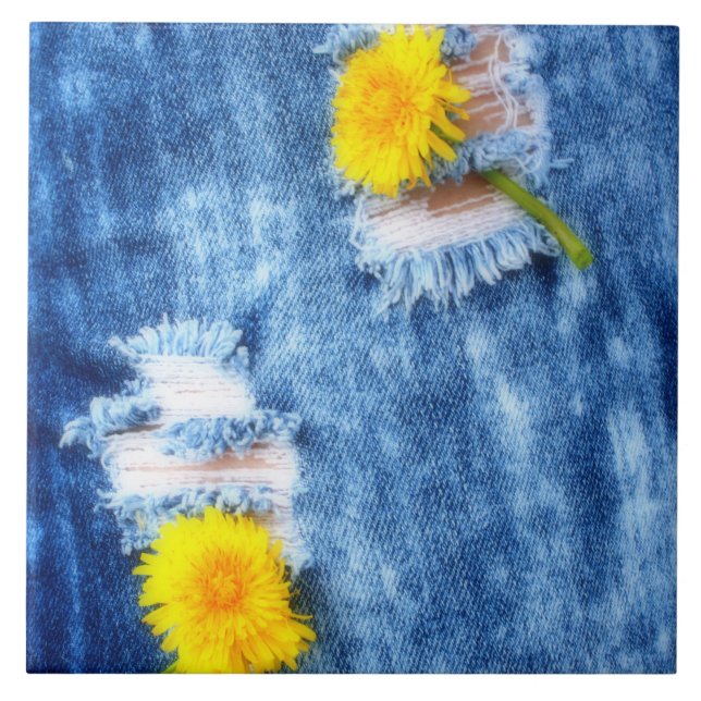 Denim Dandelions Ceramic Tile (Front)