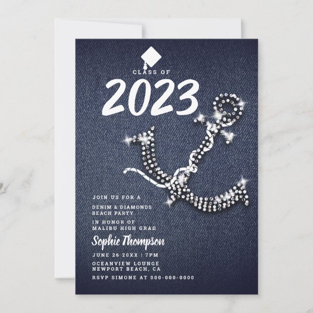 Denim Diamond Anchor Beach Blue Graduation Party Invitation (Front)