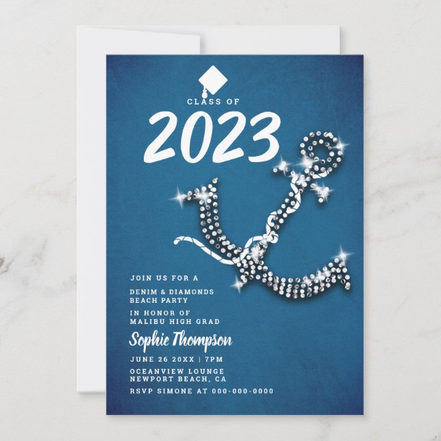 Denim Diamond Bling Anchor Beach Graduation Party Invitation (Front)