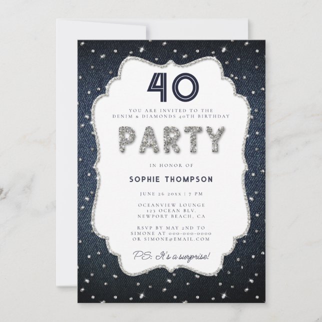 Denim Diamond Glitter Frame 40th Birthday Party Invitation (Front)
