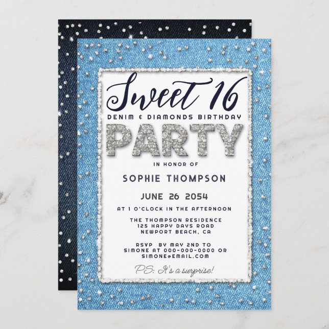 Denim Diamond Glitter Frame Sweet 16 Party Girly Invitation (Front/Back)