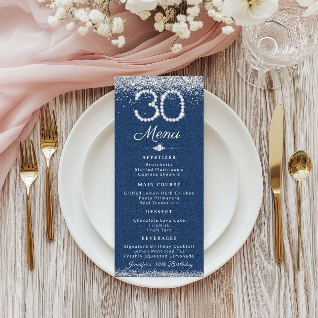 Denim & Diamonds 30th Birthday Dinner Flat Menu (Denim and Diamonds 30th Birthday Dinner Menu Card)