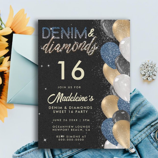 Denim Diamonds Balloons Arch Sweet 16 Birthday Invitation (denim diamonds sweet 16 balloon arch denim gold black elegant girly chic modern trendy sweet )