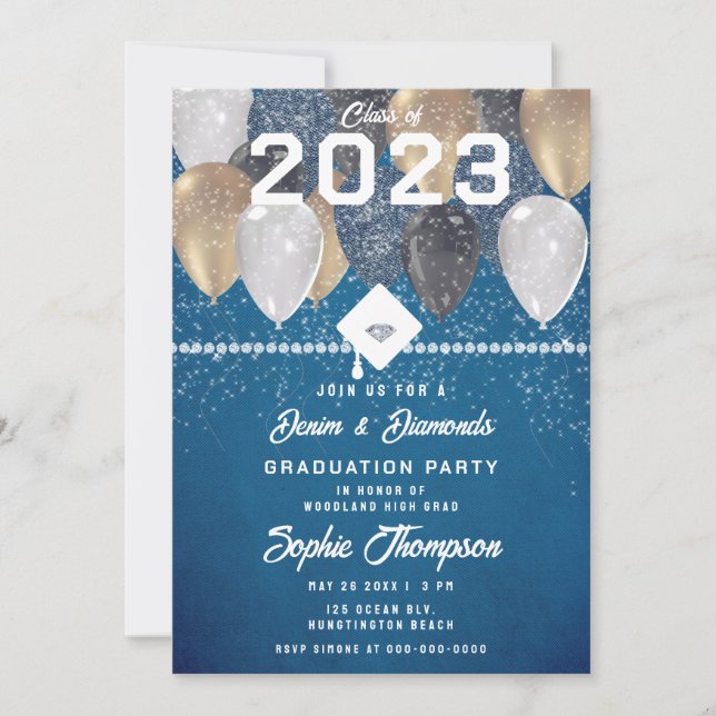Denim Diamonds Balloons Blue Chic Graduation Party Invitation (Front)
