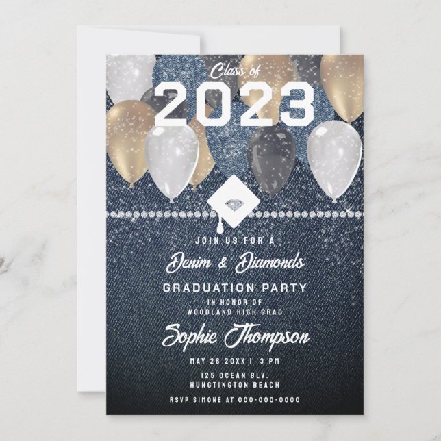 Denim Diamonds Balloons Sparkles Graduation Party Invitation (Front)