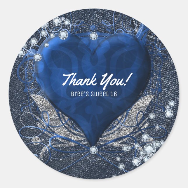 Denim & Diamonds Birthday Party Favour Classic Round Sticker (Front)