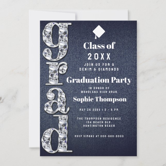 Denim Diamonds Bling 2023 Chic Graduation Party Invitation (Front)