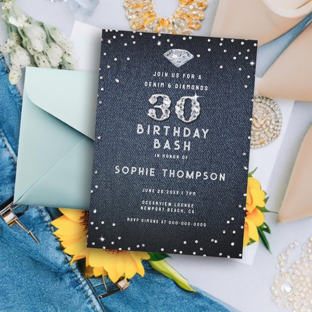 Denim Diamonds Bling 30th Birthday Party Invitation (denim and diamonds 30th birthday party invitation for women elegant modern simple classy minimalist)