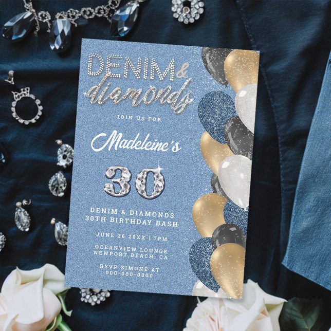Denim Diamonds Bling Balloons Arch Birthday Party Invitation (denim and diamonds 30th birthday party invitation for women balloons arch elegant classy chic gold)