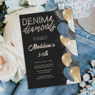 Denim Diamonds Bling Balloons Black 30th Birthday Invitation