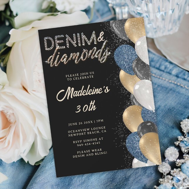 Denim Diamonds Bling Balloons Black 30th Birthday Invitation (denim and diamonds 30th birthday party invitation women balloons arch black gold elegant classy)
