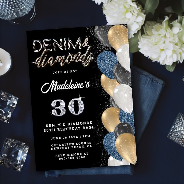 Denim Diamonds Bling Balloons Black Birthday Party Invitation (Creator Uploaded)