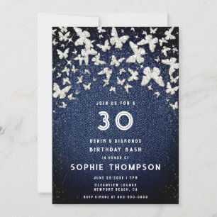 Denim Diamonds Bling Butterfly 30th Birthday Party Invitation
