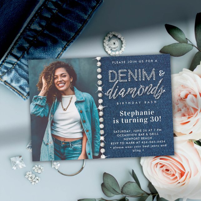 Denim Diamonds Bling Classy Photo 30th Birthday Invitation (denim and diamonds party 30th birthday invitation for women blue white photo classy bling glitz chic)