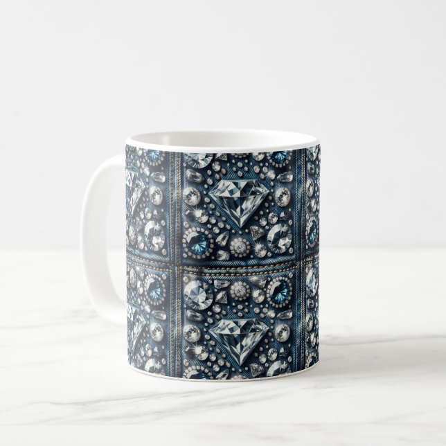 Denim & Diamonds Bling Gemstone Glam Jewels Coffee Mug (Front Left)