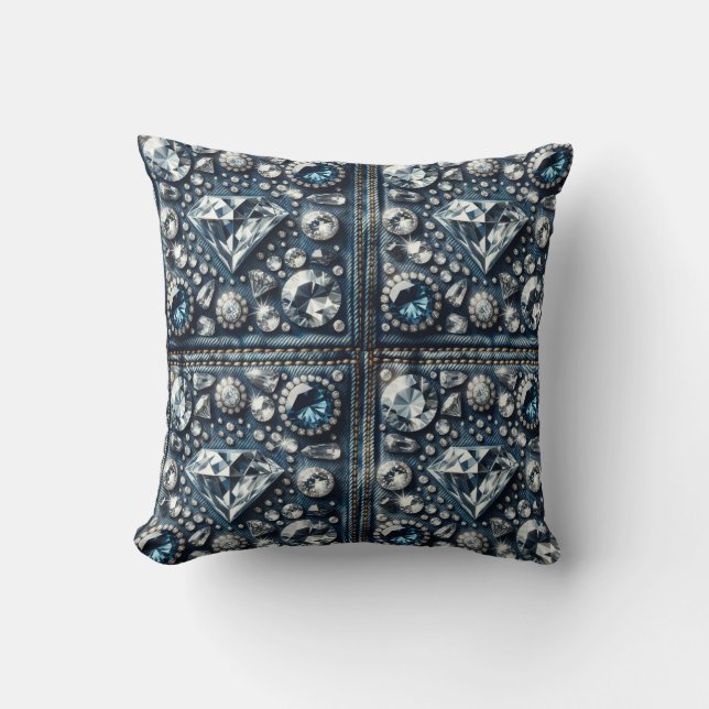 Denim & Diamonds Bling Gemstone Glam Jewels Cushion (Front)