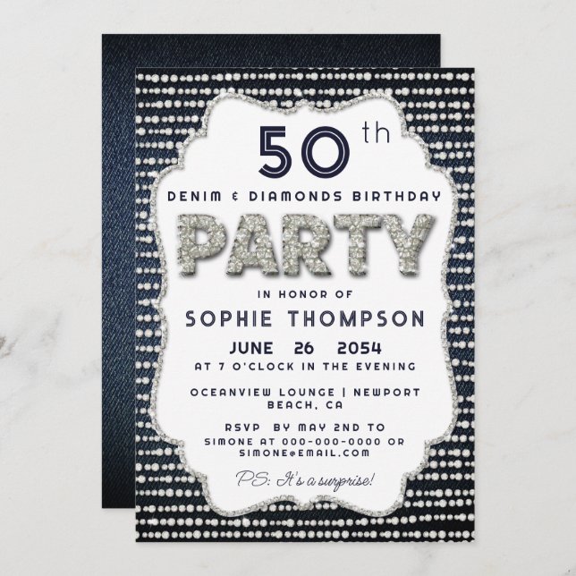 Denim Diamonds Bling Glitter Frame Birthday Party Invitation (Front/Back)