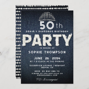 Denim Diamonds Bling Glitter Tiara Birthday Party Invitation