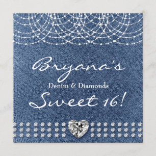 Denim & Diamonds Bling Heart Sweet 16 Party Invitation