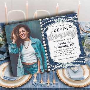 Denim Diamonds Bling Pearls Photo 40th Birthday Invitation